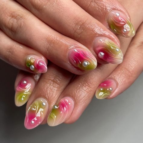 3D pink + green nails 💚💗 kind of reminds me of gummies 🍭 . . . . . . . . . #dallasnailtech #planonailtech #naturalnails #frisconailtech #naturalnailspecialist #3dnailart #3dnails #airbrushnailart #airbrushnails #softgelnails #summernails Green Pink Nail Art, 3d Gel X Nails, Pink And Green Gel Nails, Pink Green Nails Design, Green And Pink Gel Nails, Pink And Green Aura Nails, Green And Pink Nails Designs, Gummy Nails, Nails Green And Pink