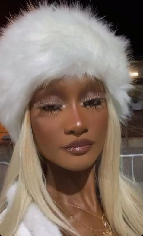 Icy Queen Halloween, Winter Makeup Looks Ice Queen Black Women, Winter Wonderland Photoshoot Black Women, Ice Princess Halloween Costume, I’m Cold Makeup Look Aesthetic, Icy Makeup Looks Black Women, Snow Queen Photoshoot, Snow Bunny Makeup, Snow Princess Makeup