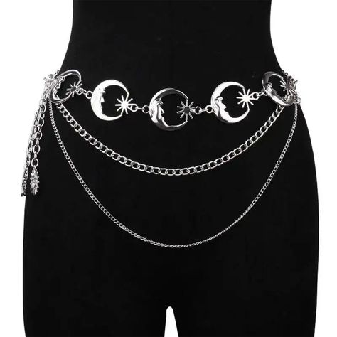 Harajuku Punk Moon Metal Belts Women Vintage High Waist Chain Waist Belts Gothic Moon Sun Sliver Pendant Belts Female CONDITION: New length 110cm Please note that not all monitors are set in the same way so colors may differ slightly from what you see on your screen. -Thank you for choosing us. When placing an order, please write your phone number, this is required by the transport company. Thank you.  ❤︎ Click here to visit my store ❤︎ Dark Beauty:  https://www.etsy.com/shop/DarkBeauty8?ref=sel Moon Waist Chain, Moon Belt Chain, Spacecore Accessories, Sun And Moon Themed Outfits, Moon Goth Outfits, Goth Chain Belt, Gothic Chain Belt, Witchy Belt, Gothic Belts