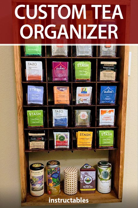 This wooden custom tea organizer makes it easy to see the different types of tea you have while also having slots large enough to hold an entire box of tea bags. #Instructables #workshop #woodworking #woodshop #kitchen Vertical Tea Storage, Tea Bag Diy, Diy Tea Organizer, Tea Boxes, Tea Bag Storage Ideas, Tea Organizer, Tea Storage Ideas, Tea Organization Ideas, Tea Box Diy