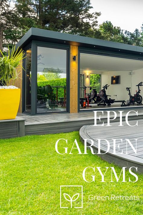 Gazebo Gym Ideas, Outdoor Gym Shed, Garden Room Gym Ideas, Small Garden Gym Room, Home Shed Gym, Outdoor Home Gym Ideas, Garden Gym And Sauna, Gym Garden Room, Gym Outdoor Design