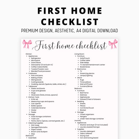 Move with Confidence: Your Ultimate First Apartment Checklist Are you stepping into your first home or apartment? Make the transition seamless and stress-free with our comprehensive First Apartment Checklist! This printable checklist is your go-to guide for ensuring you have everything you need to turn your new space into a cozy, functional home. Key Features: All-Inclusive List: Covers every room in your new home - kitchen, living room, bedroom, bathroom, laundry, and more. Organized by Categor Essential Household Items List, Moving Packing Checklist, Apartment Move In Checklist, Household Essentials List, Household Items Checklist, Checklist First Apartment, New House Checklist, College Apartment Checklist, New Apartment Checklist