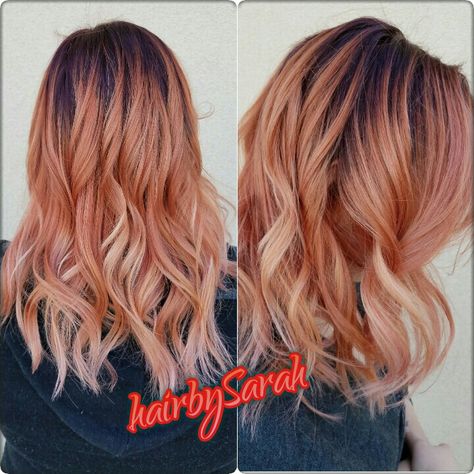 Dark root balyage peachy apricot Apricot Hair, Blowout Curls, Peach Hair, Dark Roots, Blonde Ombre, Hair Colour, Peach Pink, Spring 2024, Dark Hair