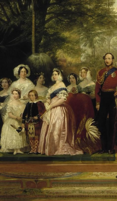 Oil painting of the Great Exhibition, by Henry Courtney Selous, British, 1851-52. This detail shows Queen Victoria wearing a pink evening gown; she is surrounded by other members of the Royal Family. The International Exhibition of Arts and Manufactures, the "Great Exhibition," was initiated by Prince Albert and housed in a vast glass structure, the "Crystal Palace," erected in Hyde Park. Victoria and Albert Museum, London. Pink Evening Gown, Rococo Painting, Young Queen Victoria, Marie Stuart, The Crystal Palace, Queen Victoria Family, Queen Victoria Prince Albert, English Royal Family, Victorian Paintings