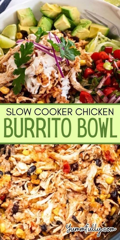 If you love Mexican-inspired bowls, you will love this one-pot wonder. Chicken breasts, rice, beans, corn, tomatoes, and spices are all cooked to perfection in the slow cooker. Forget about cooking all things separately and then assembling your bowl. This recipe is all about convenience! Rice Beans Corn, Slow Cooker Chicken Burrito Bowl, Mexican Chicken Bowl, Slow Cooker Burrito, Chicken Rice Beans, Healthy Burrito Bowl, Chicken Breast Slow Cooker, Chicken Fajita Soup, Crockpot Chicken Breast