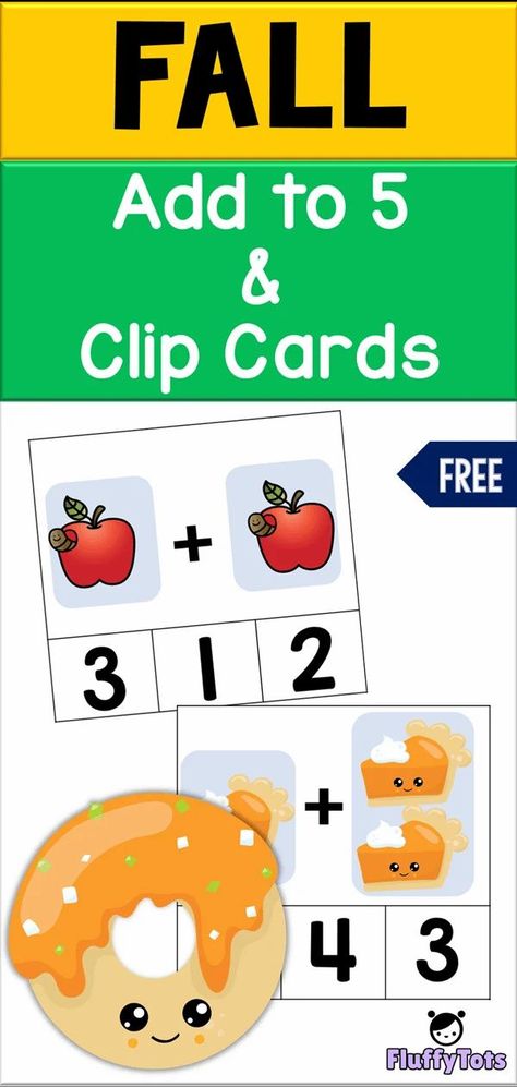 FREE Fall Add and Clip Cards | Great for preschoolers or pre-K who are already familiar with counting number 1 to 5.   These clip cards looks a lot like count and clip cards. But the difference is I add an addition symbol the ‘+’ #mathprintables #clipcards #homeschooling Addition Task Cards Free, Addition Clip Cards, Fall Addition Activities, Free Numbers Preschool Printables 1-20, Clip Cards Preschool Free, Number 5 Activity, Addition Activities Preschool, Addition Preschool, Preschool Addition