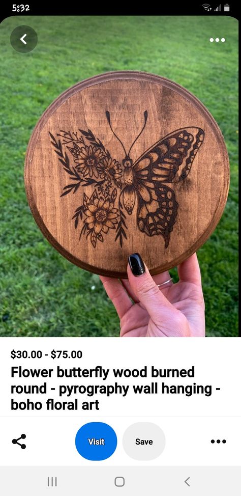 Wood Burned Furniture Ideas, Botanical Wood Burning, Wood Burned Butterfly, Wood Burned Decor, Wood Burned Gourds, Pyrography And Paint, Flowers Wood Burning, Boho Pyrography, Cat Wood Burning