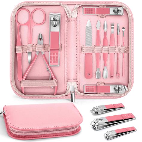 BLESWIN Manicure Pedicure Set, 12 Pcs Nail Care Kit for Women, Mens Nail Grooming Kit, Manicure & Pedicure Tools & Accessories, Pink Nail Kit Manicure Set Luxury Leather Case for Home Salon Use Nail Care Kit, Black Manicure, Kit Manicure, Mens Nails, Fashion Accessories Illustration, Pedicure Set, Accessories Pink, Pedicure Kit, Manicure Kit