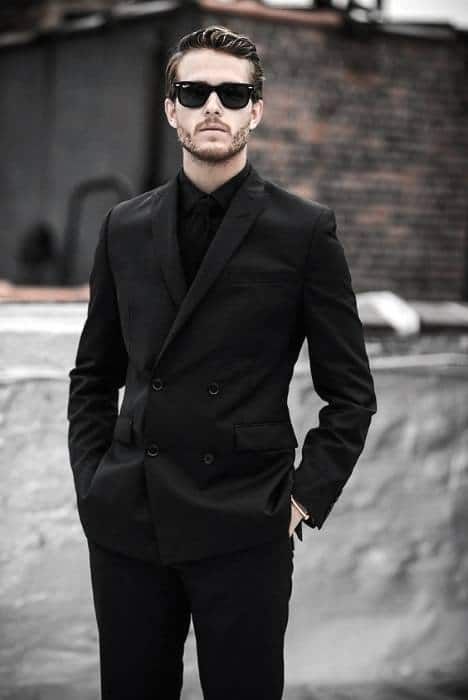 40 All Black Outfits For Men - Bold Fashionable Looks Black Suit Black Shirt, All Black Suit, Black Suit Men, Wearing All Black, Men In Black, Mens Style Guide, Black Suit, Mens Fashion Suits, Black Men Fashion