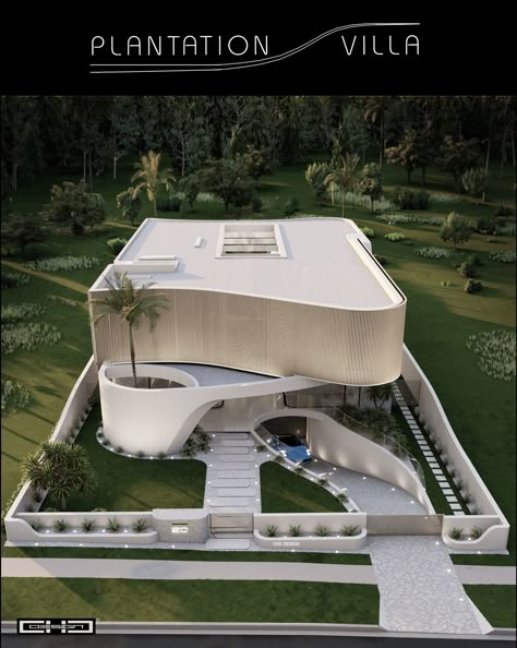 Wave Design Architecture, House Design With Basement Parking, Villa Parking Design, Curved House Exterior, Resort Elevation, Resort Exterior, Curved Building, Curve Building, Basement Parking