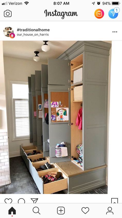 Mudroom Storage Shoes, Laundry Room Pantry Organization, School Lockers In Mudroom, Mudroom Shoe Storage Drawers, Mudroom Ideas Lockers, Mudroom Enclosed Storage, Jacket And Shoe Closet Organization, Entrance Sitting Bench, Mudroom Drawer Bench