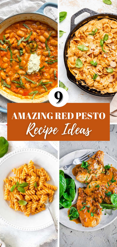 Creamy red pesto pasta, marry me chicken, red pesto butter beans, and red pepper pasta. Recipes Using Tomato Pesto, Artichoke And Roasted Red Pepper Recipes, Pesto Rosso Pasta Recipes, Leftover Pesto Ideas, Weeknight Chicken Recipes, Red Pesto Recipe, Red Pesto Chicken, Cozy Fall Meals, Red Pesto Pasta