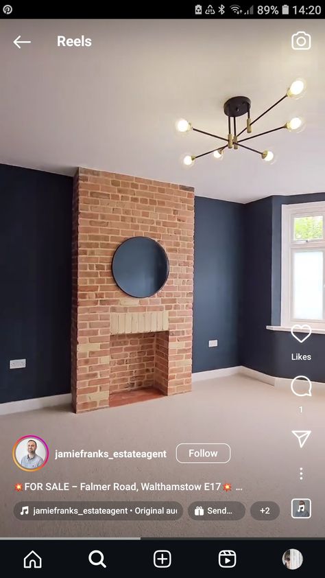 Exposed Brick Fireplace, Red Brick Fireplace, Black Brick Fireplace, Exposed Brick Fireplaces, Red Brick Fireplaces, Blue Grey Walls, Basement Living Room, Navy Paint, Basement Living Rooms