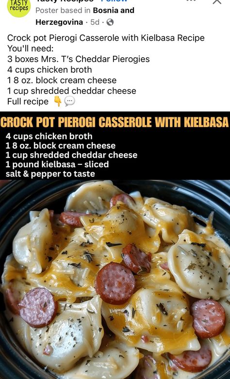 Mini Crock Pot Recipes, Perogies And Sausage, Perogi Casserole, Pierogi Casserole With Kielbasa, Kielbasa Recipe, Pierogi Casserole, Perogies Recipe, Bratwurst Recipes, Sausage Crockpot