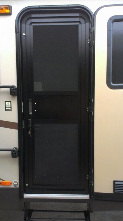 screen door security | The RV Forum Community Camper Screen Door Ideas, Rv Screen Door Ideas, Rv Door Ideas, Rv Security Ideas, Screen Door Replacement, Rv Screen Door, Metal Screen Doors, Enclosed Trailer Camper, Laundry Doors