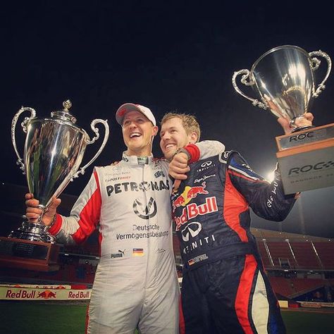 #TBT Michael Schumacher and Sebastian Vettel celebrate after winning their 6th consecutive Race of Champions Nations' Cup, at the last ROC event they participated in together, in Bangkok in 2012. #KeepFightingMichael #ForzaMichael F1 Michael Schumacher, Race Of Champions, F1 Photos, Seb Vettel, Ferrari Scuderia, Mick Schumacher, Racing Drivers, Sebastian Vettel, Michael Schumacher