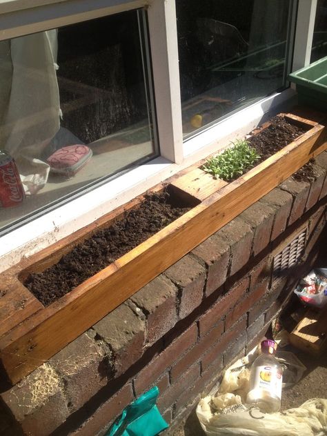 Window planter made from old pallet / Window sill herb garden. Finally, a pallet idea I can get behind! Window Sill Herb Garden, Diy Window Box Planter, Windowsill Herb Garden, Window Herb Garden, Pallet Pictures, Window Planter, Diy Herb Garden, Window Planters, Pallet Planter