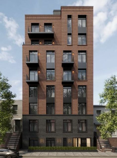 Brick Residential Architecture, Modern Brick Building Facade, Boutique Apartment Building, Brick Facade Design, Brooklyn Architecture, Brick Apartment Building, Apartment Building Exterior, Brick Apartments, Boutique Building