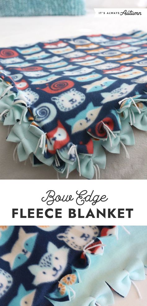 Make a no sew fleece blanket with a pretty bow edge! This is a fun alternative to the classic tied fleece blankets. Makes a great homemade Christmas gift idea. Carseat Poncho Pattern, Fleece Blanket Edging, Carseat Poncho, Blanket Edging, No Sew Bow, No Sew Fleece, Homemade Christmas Gift, Sewing Hand, Fleece Projects