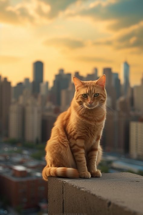 Ginger cat amidst the city's hustle and bustle, its vibrant coat drawing attention against the dynamic cityscape. Cat Art Wallpaper, Cat Inspiration, Aesthetic Cats, Muted Palette, Warrior Cats Fan Art, Cat City, Photography City, Cat Model, Cat Garden