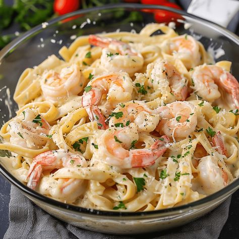 Cooking One Pan Shrimp Fettuccine Alfredo for Beginners Fettachini Recipe, Seafood Linguini, Fish Casseroles, Fetuccini Alfredo, Seafood Pasta Dishes, Shrimp Fettuccine Alfredo, Ital Food, Creamy Alfredo Sauce, Beef Pasta Recipes