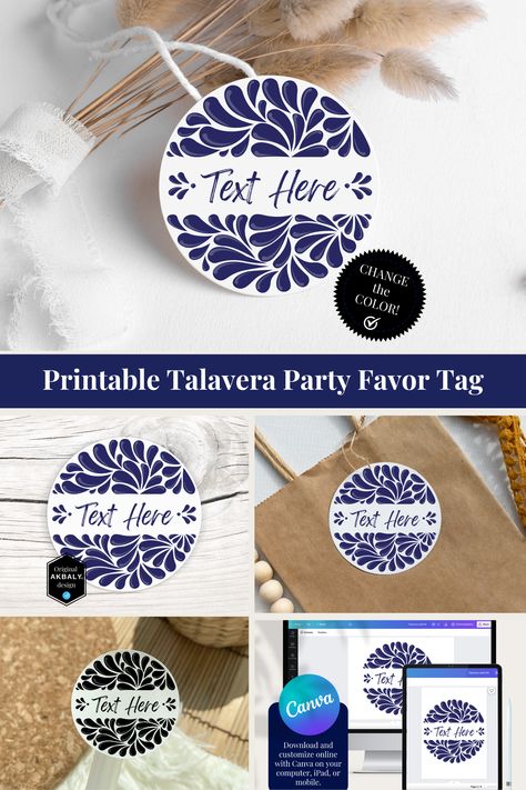 Mexican Talavera Label Template | Round Digital Sticker | Talavera Gift Tag Template | Printable Party Favor | Canva Edit | Instant Download. Easy to customize color Talavera Party, Gift Tag Template Printable, Printable Label Templates, Canva Edit, Gift Tag Template, Mexican Talavera, Party Favor Tags, Tag Template, Mexican Culture