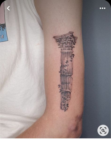 Greek Shin Tattoo, Greek And Roman Mythology Tattoos, Odyssey Tattoo Greek, Hades Bident Tattoo, Greek Colloseum Tattoo, Greek And Roman Tattoos, Greek Pilar Tattoo, Greek Flower Tattoo, Corinthian Column Tattoo