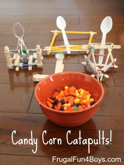 Candy Corn Catapults! (Four ways to build a catapult out of items from around the house!) Simple Catapult, Fall Homeschool, Halloween Stem, Science Club, Force And Motion, Steam Activities, Candy Theme, Stem Challenges, Stem Projects