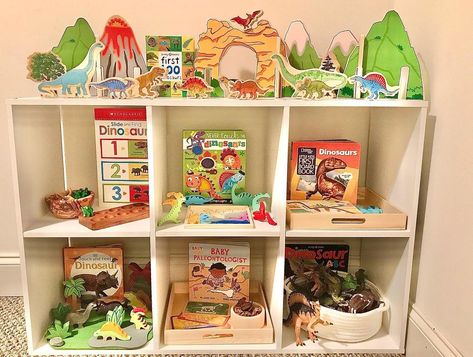 Dinosaur Montessori Bedroom, Dinosaur Toy Rotation, Themed Toy Rotation, Toy Rotation Shelf, Toy Rotation Themes, Dinosaur Shelf, Learning Shelf, Playroom Decorations, Wood Dinosaur