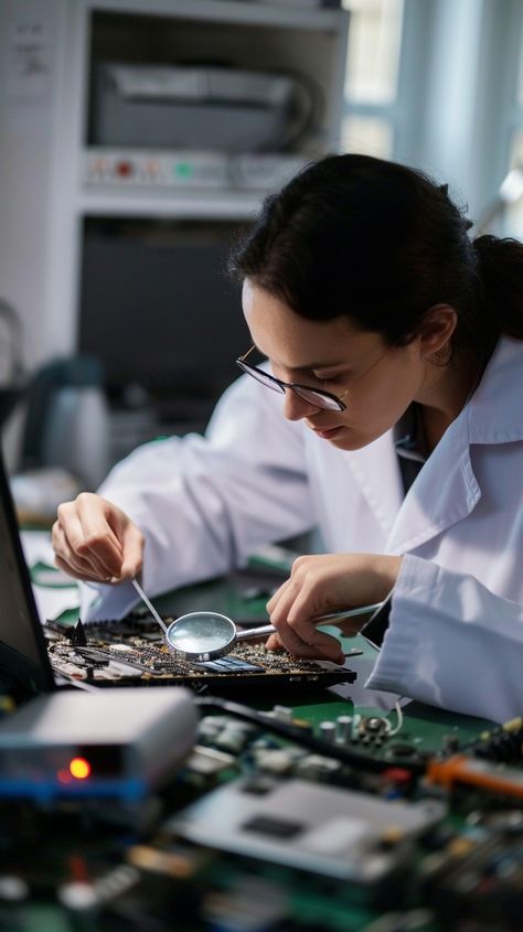 Focused Technical Work: A dedicated female technician meticulously inspects an electronic circuit board through a magnifying glass in a lab. #technology #inspection #electronics #technician #magnifying glass #circuit board #concentration #lab coat #aiart #aiphoto #stockcake https://ayr.app/l/Ktsx Engineer Woman, Electronic Technician, Electronic Circuit Board, Female Engineer, Work Images, Electronic Circuit, Master Of Science, Electronic Engineering, Computer Technology