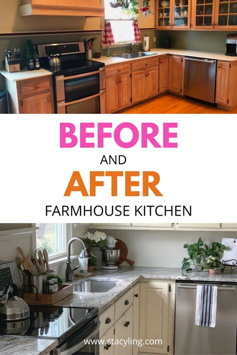 BEFORE and AFTER Farmhouse Kitchen. Learn how to paint kitchen cabinets with chalk paint. This kitchen remodel was very inexpensive and easy to do. #modernfarmhousekitchen #farmhousektichen #DIYhomedecor #country kitchen #paintedcabinets #anniesloan #woodcabinets #kitchendecoratingideas