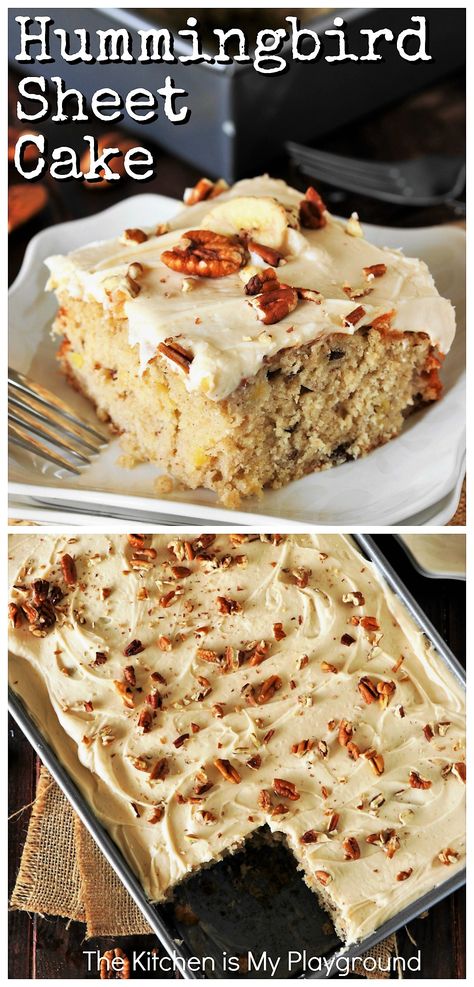 Hummingbird Sheet Cake with Caramel Cream Cheese Frosting ~ Loaded with banana and pineapple, this is one amazingly delicious dessert!  It's all the hummingbird deliciousness of the classic layer cake, in low-fuss sheet cake form.  www.thekitchenismyplayground.com Hummingbird Sheet Cake, Caramel Cream Cheese Frosting, Hummingbird Cake Recipes, Kek Lapis, Cake With Caramel, Cake Form, Hummingbird Cake, Caramel Cream, Sheet Cake Recipes