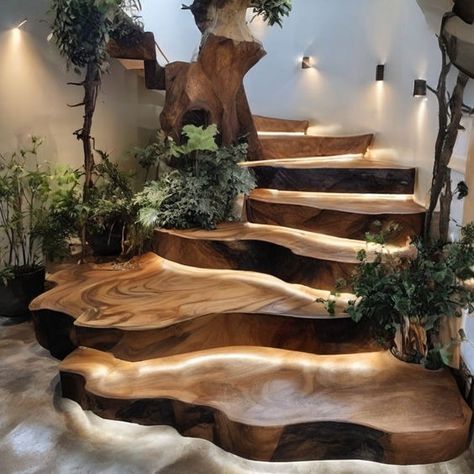 A staircase inspired by natural wood by Amira Mohammed - Playground Best Staircase Design, Live Edge Wood Stairs, Environmental Interior Design, Nature Inspired Playground, Live Edge Stairs, Nature Staircase, Natural Wood Staircase, Natural Stairs, Cool Stairs