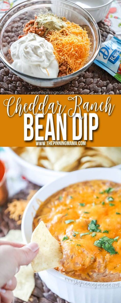 Cheesy Ranch Bean Dip Recipe • The Pinning Mama Ranch Bean Dip, The Pinning Mama, Bean Dip Recipe, Cheesy Ranch, Bean Dip Recipes, Party Appetizers Easy, Ranch Dip, Bean Dip, Party Appetizer