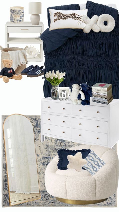 #navy #blue #navyblue #ralphlauren #bedroom #bed #roominspo #aesthetic #cute #love #cheetah #cheetahprint #y2k #2000s Navy Room Decor, Navy Blue Bedroom, Small Room Makeover, Blue Room Decor, Grey Bedroom Decor, Luxury Room Bedroom, Dorm Room Inspiration, Room Redesign, Girly Room