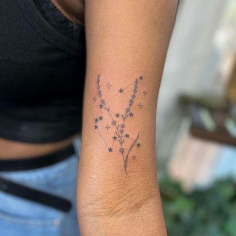 Flowers And Stars Tattoo Stars And Plants Tattoo, Forearm Tattoo Women Stars, Flower And Stars Tattoo Designs, Flower And Stars Tattoo, Flowers And Stars Tattoos, Star And Flower Tattoos, Stars And Flowers Tattoo, Star Sky Tattoo, Flower And Star Tattoo