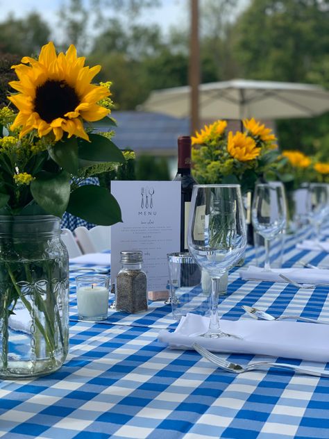 Sunflowers, blue and white checkered tablecloths, wine, Summer, early Fall, DIY Blue Gingham Picnic Party, Blue Checkered Tablecloth, Blue And White Bbq Decor, Lemon And Blue Gingham Party, Blue Checkered Tablecloth Table Settings, Blue Gingham Party Decor, Blue And White Picnic Theme, Blue Gingham Table Setting, Picnic Rehearsal Dinner Ideas