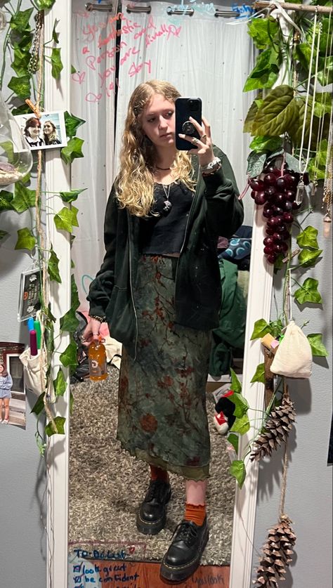 Green Autumn Aesthetic, Styling Tank Tops, Fairycore Tank Top, Earthy Girl, American Eagle Jacket, Crystals Green, Doc Martens Style, Green Autumn, Amazon Shoes