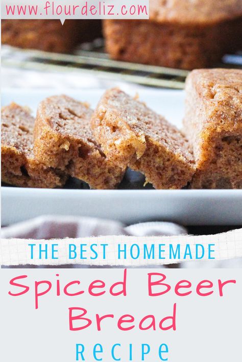 This spiced beer bread is super easy to make, needs just one bowl, and takes less than an hour! If you don't have a loaf pan, you can make this in a cupcake tin. The IPA gives a mild beer flavor and a hint of cinnamon shines through. No yeast is needed for this super simple recipe - grab it now! Yeast Beer Bread Recipe, Cinnamon Beer Bread, Peach Beer, Beer Bread Mix, Beer Bread Easy, Beer Bread Recipe, No Yeast Bread, Beer Pairing, Homemade Beer