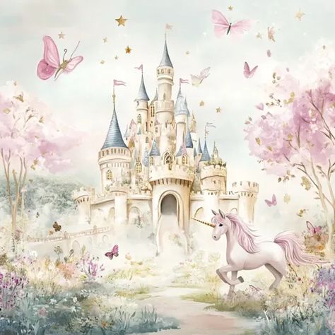 ↑↑↑ Larger size on website 🔸 A whimsical fairytale scene featuring a majestic castle in the background, with a unicorn galloping Majestic Castle, Magical Elements, Unicorn Flowers, A Field Of Flowers, Field Of Flowers, Golden Star, A Unicorn, Pink Butterfly, Flower Field