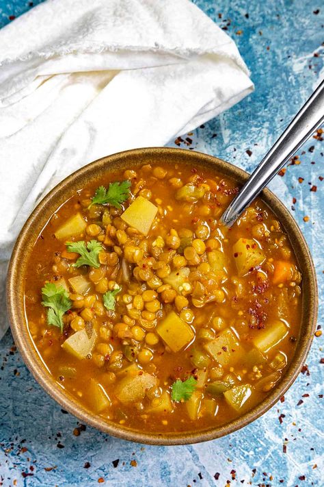 Mexican Lentil Soup (Lentejas) - Chili Pepper Madness Lentejas Mexicanas Recipes, Mexican Lentil Soup Recipe, Moroccan Lentils, Vegan Lentil Recipes, Lentil Recipes Healthy, Lentil Soup Recipe, Vegan Lentil, Dried Lentils, Chicken Enchilada Soup