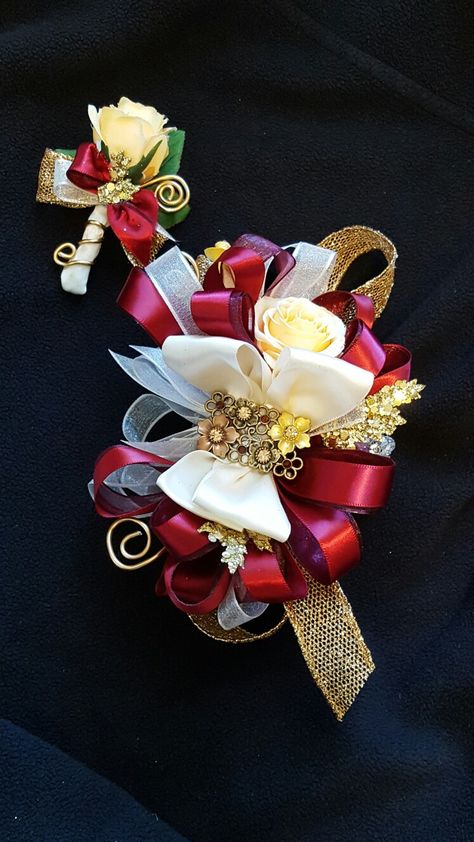 Prom Wristlet, Wristlet Ideas, Bridal Colors, Gold Corsage, Beauty And The Beast Wedding Theme, Christmas Corsage, Corsage Ideas, Ribbons Galore, Prom Planning