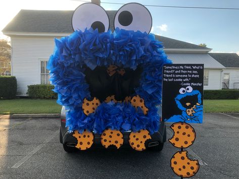 I created this cute Trunk or Treat idea using blue tissue paper, pool noodles and cardboard circles. Read comments for instructions. Trunk Or Treat Blue Car, Cookie Monster Trunk Or Treat Decor, Diy Cookie Monster Trunk Or Treat, Trunk Or Treat Ideas For Cars For Church Cookie Monster, Track Or Treat Ideas, Trunk Or Treat Ideas For Cars Cookie Monster, Cookie Monster Car Trunk Or Treat, Family Friendly Trunk Or Treat Ideas, Elementary Trunk Or Treat Ideas