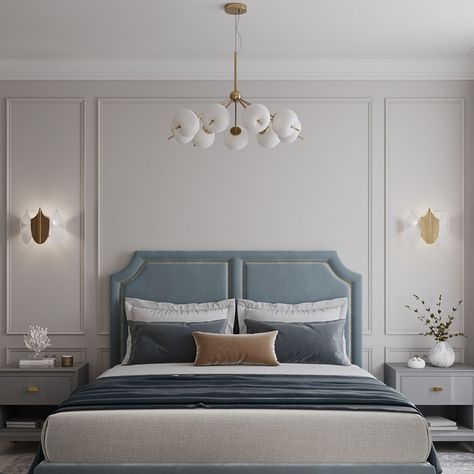 Neo Classical Interiors Bedroom, Wainscoting Bedroom Accent Wall, Wall Molding Bedroom, Wall Molding Ideas Bedroom, Molding Bedroom, Wainscoting Ideas Bedroom, Wall Behind Bed, Wall Molding Design, Story Text