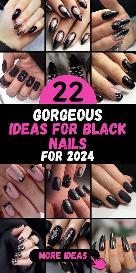 Dive into the world of "Black Nails Design" where each creation is a work of art. From the simplicity of high gloss black to the intricacy of nail art adorned with rhinestones, our collection offers a diverse range of styles. Choose between different shapes like round, oval, or the edgy squoval, and discover the perfect black nail design that complements your personal style and adds a touch of elegance to any look. Different Black Nails, Nail Designs Trending Now Black, Acrylic Nail Designs Coffin Short Black, Nail Designs For Black Nails, Black Nail Designs Coffin Shape, Black Nail Manicure Ideas, Black Tie Nail Designs, Edgy Oval Nails, Elegant Black Nails For Wedding