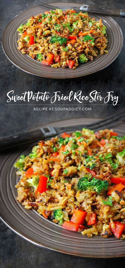 Healthy but filling and gently spiced, Sweet Potato Fried Rice Stir Fry is a weeknight-easy dish, loaded with vegetables, that the whole family will love! Recipe at SoupAddict.com Fried Rice Stir Fry, Asian Sweet Potato, Sweet Potato Fried, Recipes Stir Fry, Sweet Potato Stir Fry, Rice Stir Fry, Love Recipe, Vegetarian Pasta Dishes, Asian Vegetarian Recipes