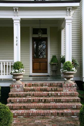 built in place for planters on each side                                                                                                                                                                                 More Front Porch Stairs, Veranda Design, Brick Porch, Front Door Steps, Front Porch Steps, Porch Stairs, Front Stairs, Brick Steps, Farmhouse Front Door