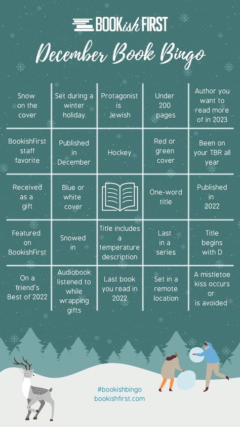 A bingo board with a dark teal background with images of snow, trees, a deer, and people building a snowball. The prompts are all bookish and related to reading challenges. Winter Book Bingo, December Book Bingo, December Book Club Ideas, Books To Read In December, Christmas Reading Challenge, December Tbr Template, Tbr Prompts, Winter Reading Challenge, Bookish Bingo