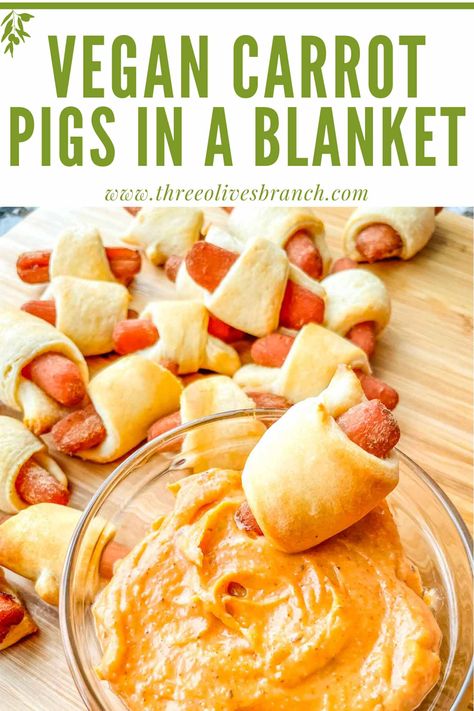 Vegan Carrot Pigs in a Blanket are an amazing vegan appetizer recipe perfect for game day or party finger food! Tasting just like sausage little smokies or hot dogs wrapped in crescent rolls. Carrot Pigs In A Blanket, Vegetarian Pigs In Blankets, Vegetarian Pigs In A Blanket, Vegan Game Day Food, Vegan Crescent Roll Recipes, Vegan Finger Foods For Party, Vegan Appetizers Finger Foods, Vegan Pigs In A Blanket, Football Brunch