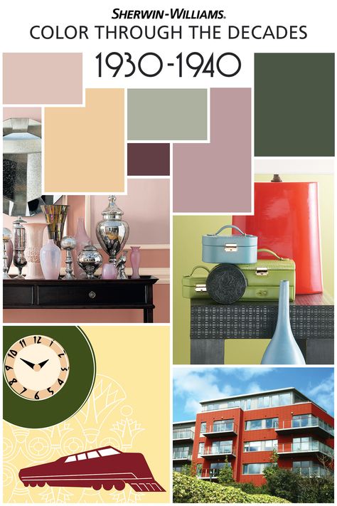 As part of our 150th anniversary celebration, we’re featuring the color palettes from the most memorable decades, starting with the 1930s and ’40s. The Bauhaus-inspired modern movement featured impactful, streamlined design. Interior colors tended to be soft and dusty with yellows, bluish grays and pinks with deep green and burgundy accents. Want this look for your home? Try Vogue Green SW 0065, Cascade Green SW 0066, Belvedere Cream SW 0067, Copen Blue SW 0068 and Orchid SW 0071. Vogue Green, Cascade Green, 1930s Decor, 1940s Interior, 1930s House Interior, Copen Blue, Deco Interiors, Living Colors, Blithe Spirit